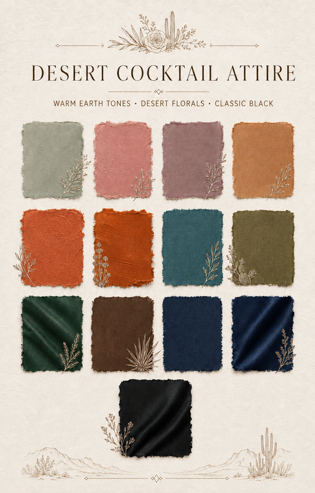 Desert Cocktail Attire color palette featuring warm earth tones, desert florals, sage, olive, muted teal, rich brown, navy blue, and classic black