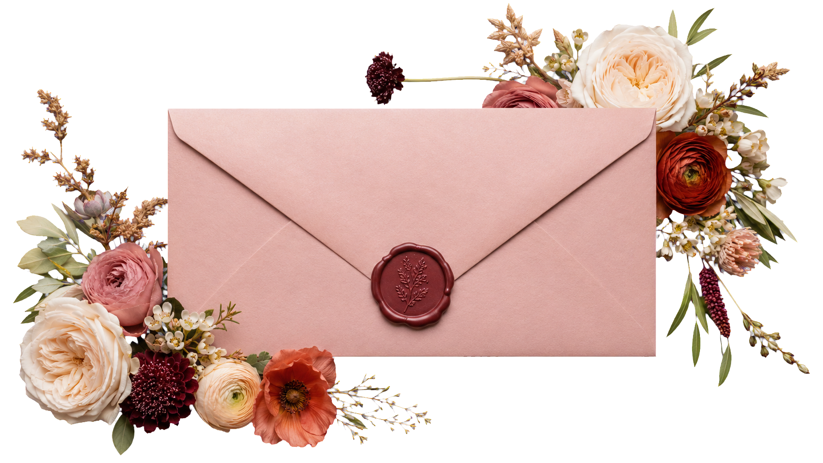A closed blush-pink wedding envelope framed with elegant Moab-inspired flowers